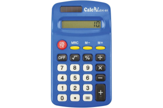 Image of a basic blue calculator with numerical buttons and a small LCD display screen.