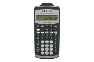 "Image of a TI-BA II Plus Finance Calculator, designed with specialized functions for financial calculations such as time value of money, amortization, and bond calculations. The calculator features a display screen, numeric keypad, and various financial keys."