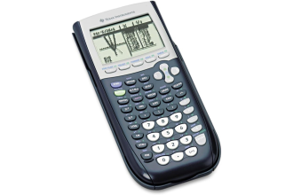"Image of a TI 84 Graphing Calculator, featuring a large screen capable of displaying graphs and mathematical equations. The calculator has a QWERTY-style keypad with various function keys, suitable for complex mathematical calculations and graph plotting."