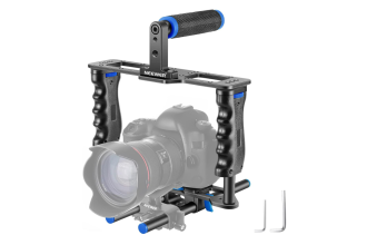 Image displaying a camera video cage, a protective and versatile frame used to mount accessories and stabilize cameras for videography.