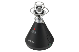 "Image of a Zoom H3VR, a portable 360-degree audio recorder with built-in microphones, suitable for immersive sound capture in various environments."