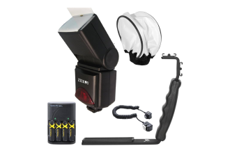 Image showcasing a Canon camera flash kit, including a powerful external flash unit and accessories for enhanced lighting in photography.