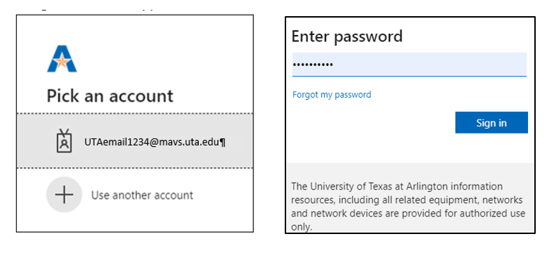 UTA logon dialogue boxes for account and password